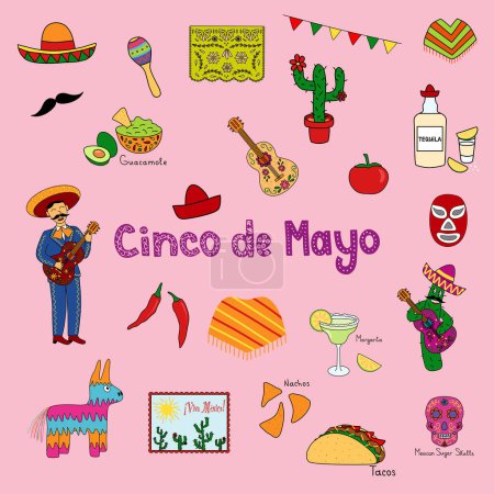 Illustration for Cinco de Mayo clip art set, festive graphics for flyers, banners and social media posts ideal for Mexican themed parties, vector illustration - Royalty Free Image