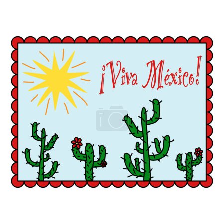 Ilustración de Impresión de tarjeta postal, tarjeta de felicitación o imán de nevera con texto de cactus, sol y Viva México, ilustración vectorial estilo garabato - Imagen libre de derechos