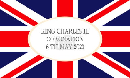 British flag, Union Flag or Union Jack with text. Poster for King Charles III coronation with British flag, greeting card for celebrate a coronation of Prince Charles of Wales becomes King of England