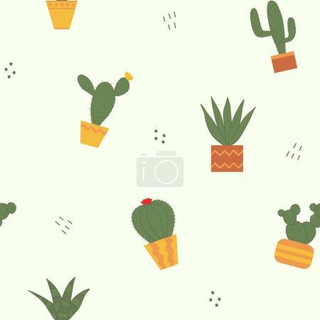 Illustration for Seamless pattern with different cactus in pots, Indian fig, Saguaro, Zebra haworthia aloe, Aloe vera, Golden barrel , Angel wing, flat doodle vector illustration - Royalty Free Image