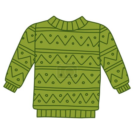 Pull tricoté chaud avec motif géométrique, illustration vectorielle plate de style doodle