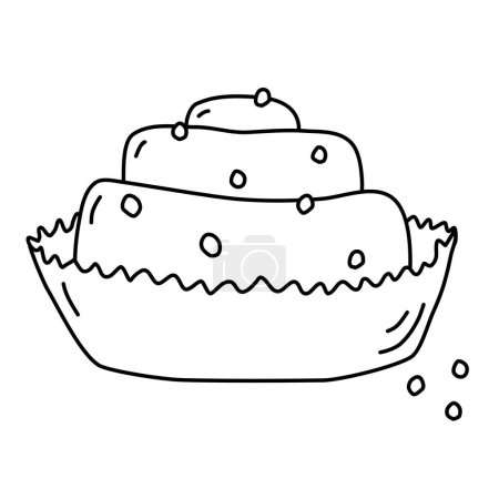 Téléchargez les illustrations : Délicieux pain à la cannelle saupoudré de sucre dans une tasse en papier, illustration de contour vectoriel plat de style doodle pour livre à colorier pour enfants - en licence libre de droit