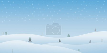 Winter nature background with snowy hills and pine trees at day, snowfall, copy space, vector illustration