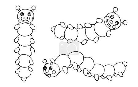 Ilustración de Conjunto de divertidos personajes de dibujos animados orugas, doodle estilo plano vector esquema ilustración para niños para colorear libro - Imagen libre de derechos