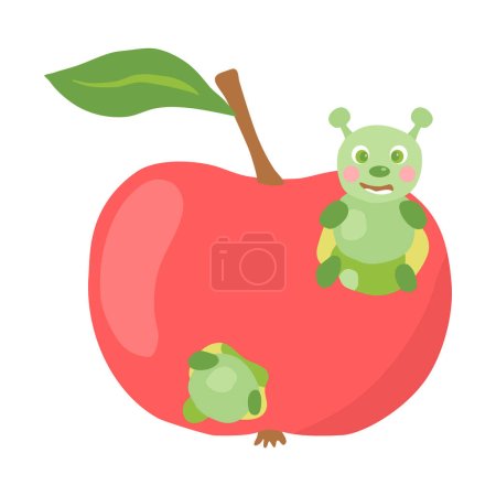 Téléchargez les illustrations : Pomme rouge mûre avec chenille mignonne, drôle d'élément de conception pour enfants, illustration vectorielle - en licence libre de droit