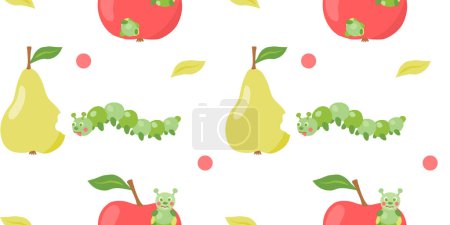 Ilustración de Patrón sin costuras con manzanas rojas maduras, peras y oruga linda, patrón divertido para el diseño de los niños, ilustración de vectores - Imagen libre de derechos
