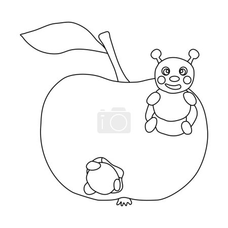 Ilustración de Manzana comido por oruga lindo, doodle estilo plano vector esquema ilustración para niños para colorear libro - Imagen libre de derechos