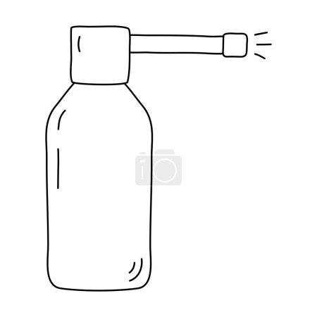 Sore throat spray bottle, cold and flu medication element, doodle style flat vector outline illustration for kids coloring book