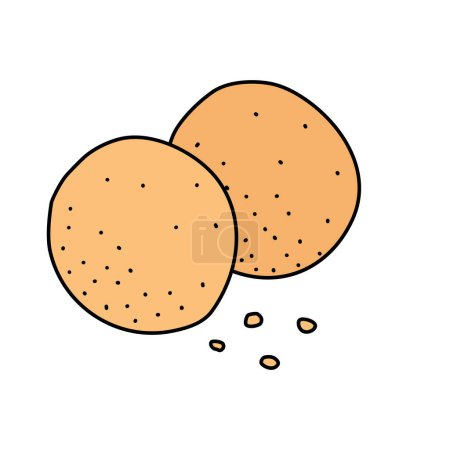 Two round shortbread cookies with crumbs, doodle style vector illustration