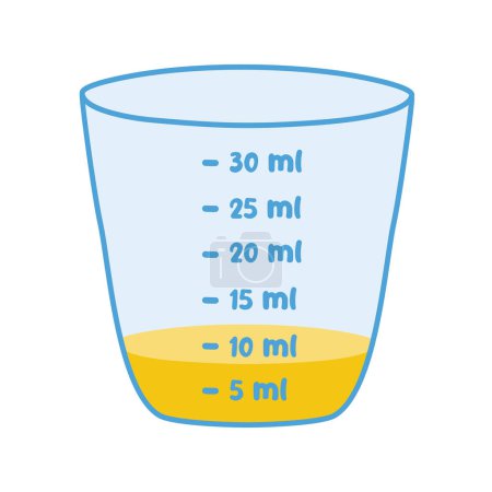 Medicine measuring cup with liquid medicine or syrup, doodle style vector illustration