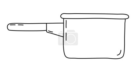 Saucepan with handle, cooking or baking kitchen design element, doodle style flat vector outline illustration for kids coloring book
