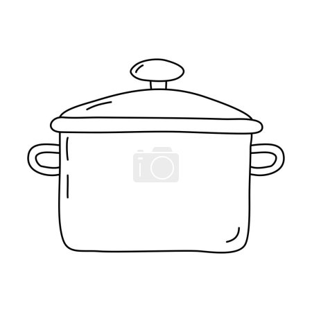 Saucepan with glass lid, cooking or baking kitchen design element, doodle style flat vector outline illustration for kids coloring book