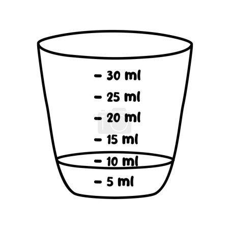 Medicine measuring cup with liquid medicine or syrup, doodle style flat vector outline illustration for kids coloring book