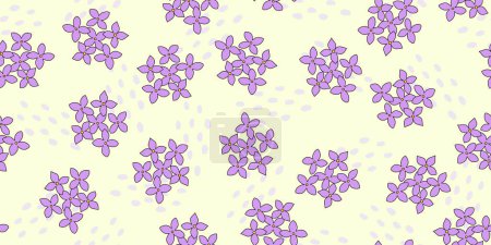 Nahtloses Muster mit lila, hortensien- oder bläulichen Blüten und abstrakten Tropfen auf gelbem Hintergrund, Draufsicht, Vektorillustration