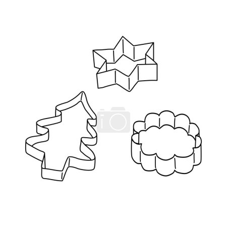 Vista lateral de cortadores de galletas en diferentes formas, estrella, redondo, árbol de Navidad, doodle estilo plano vector esquema ilustración para niños para colorear libro