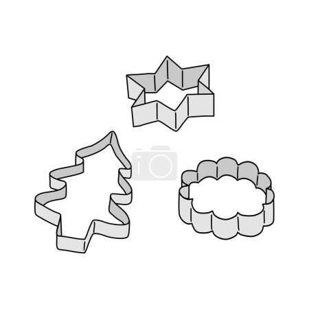 Vista lateral de cortadores de galletas en diferentes formas, estrella, redondo, árbol de Navidad, utensilio para cocinar o hornear, elemento de diseño de cocina, ilustración vectorial estilo doodle