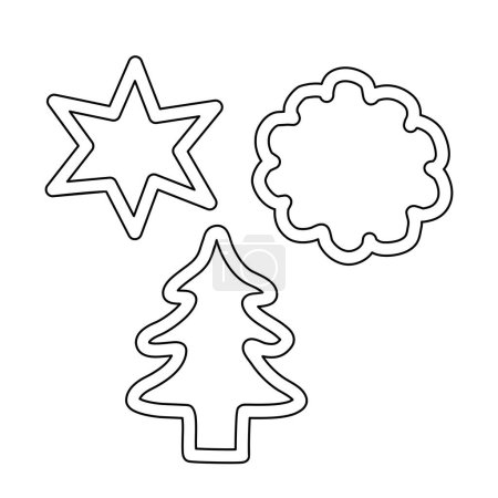 Cortadores de galletas en diferentes formas, estrella, redondo, árbol de Navidad, vista superior, dibujo de contorno de vector plano estilo garabato para niños para colorear libro