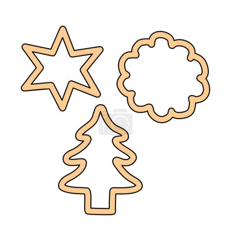 Cortadores de galletas en diferentes formas, estrella, redonda, árbol de Navidad, utensilio de cocina o de hornear, elemento de diseño de cocina, vista superior, ilustración de vectores de estilo doodle