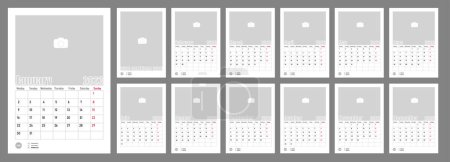 Wall Monthly Fotokalender 2023. Einfache monatliche vertikale Fotokalender Layout für 2023 Jahr in Englisch. Titelkalender, 12 Monatsvorlagen. Die Woche beginnt am Montag. Vektorillustration