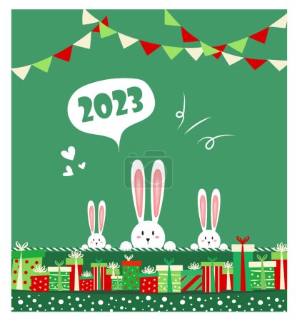 Illustration for Christmas and New Year background. Xmas pine fir lush tree. Rabbit,   gifts box. Bright Winter holiday composition. Greeting card, banner, poster. Vector illustration. - Royalty Free Image