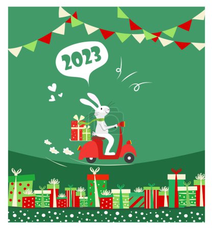 Illustration for Christmas and New Year background. Xmas pine fir lush tree. Rabbit, bear, deer,chistmas ball, gifts box. Bright Winter holiday composition. Greeting card, banner, poster. Vector illustration. - Royalty Free Image