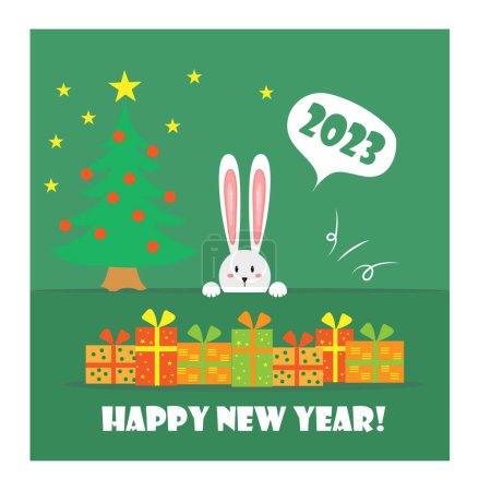 Illustration for Christmas and New Year background. Xmas pine fir lush tree. Rabbit,   gifts box. Bright Winter holiday composition. Greeting card, banner, poster. Vector illustration. - Royalty Free Image