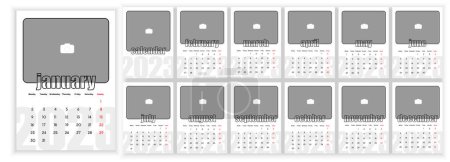 Téléchargez les illustrations : Wall Monthly Photo Calendar 2023. Simple monthly vertical photo calendar Layout for 2023 year in English. Cover Calendar, 12 months templates. Week starts from Monday. Vector illustration - en licence libre de droit