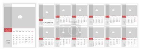 Téléchargez les illustrations : Wall Monthly Photo Calendar 2023. Simple monthly vertical photo calendar Layout for 2023 year in English. Cover Calendar, 12 months templates. Week starts from Monday. Vector illustration - en licence libre de droit
