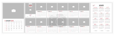 Wall Monthly Fotokalender 2023. Einfache monatliche vertikale Fotokalender Design für 2023 Jahr in Englisch. Cover-Kalender und 12 Monate Vorlagen. Am Sonntag beginnt die Woche. Vektorillustration