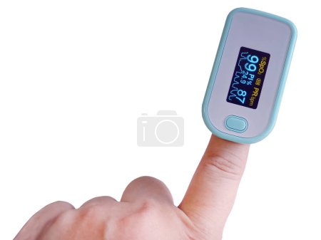 Weibliche Hand mit tragbaren Fingerspitzen-Pulsoximeter-Blutsauerstoffpulsmessung, isolierter weißer Hintergrund mit Clipping-Pfad, Ausschnitt, medizinischem Zubehör und Gerätegeschäft