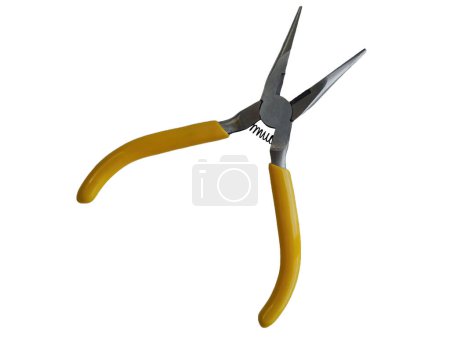 Isolated yellow needle nose type plier, workshop tools and accessories cutout equipment, element object on white background with clipping path