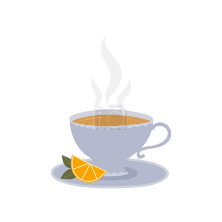 Ilustración de Taza de té y platillo con rodajas de limón y hojas. Diseño de estilo garabato dibujado a mano. - Imagen libre de derechos