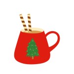 Cup of hot chocolate with waffle. Red mug with christmas tree. Template for cozy winter design. Isolated vector illustration. 