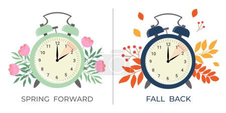 Ilustración de Daylight saving time concept banner. Spring forward and fall back time. Allarm clock with flowers and leaves. - Imagen libre de derechos