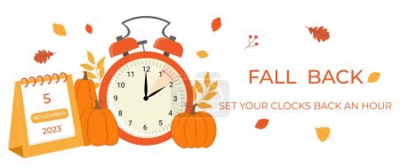 Ilustración de Daylight saving time ends concept banner. Fall Back time. Allarm clock with autumn leaves, pumpkins and calendar - Imagen libre de derechos