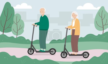 Ilustración de Hombre y mujer mayores montando patinete scooter. Anciano y mujer montando scooter eléctrico en el parque de la ciudad - Imagen libre de derechos