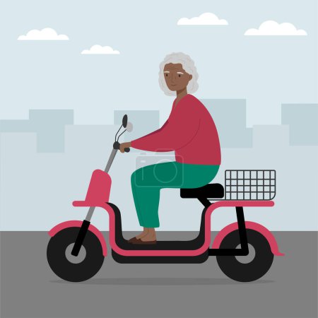 Ilustración de Mujer mayor montando scooter eléctrico moderno en la ciudad. Transporte ecológico urbano - Imagen libre de derechos