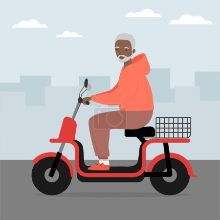 Ilustración de Hombre mayor montando scooter eléctrico moderno en la ciudad. Transporte ecológico urbano - Imagen libre de derechos