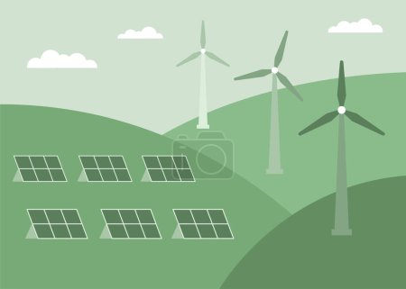 Solar panels and wind turbines power plant. Green energy industrial concept, clean production of electricity. Vector illustration
