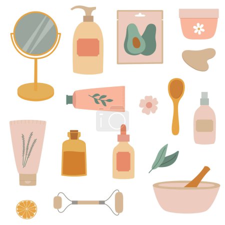Conjunto de productos cosméticos orgánicos naturales y herramientas. Tubos, botellas, espejo, rodillo facial, mascarilla. Ilustración vectorial aislada 