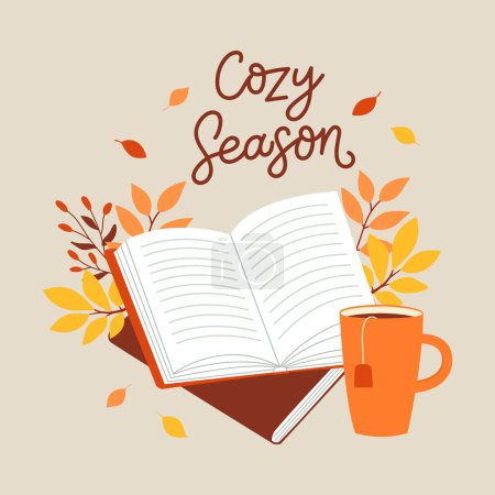 Card template with colorful books, cup and autumn leaves. Book reading concept. Template for greeting card, poster, banner, flyer. Vector illustration