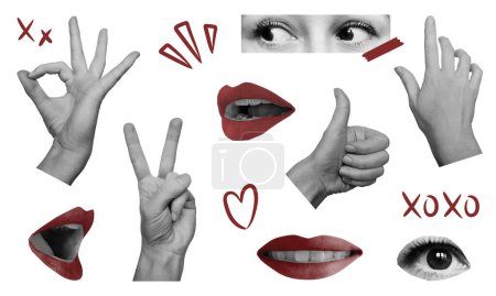 Illustration for Woman hands lips and eyes with doodles. Retro collage elements. Isolated vector illustration - Royalty Free Image