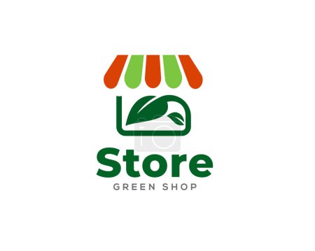 Téléchargez les illustrations : Vert feuille bio eco shop magasin logo illustration - en licence libre de droit