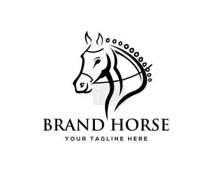 Téléchargez les photos : Élégante tête cheval étalon ferme dessiné art logo symbole conception modèle illustration inspiration - en image libre de droit