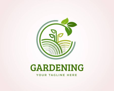 Téléchargez les illustrations : Vintage ligne art style jardinage vert feuille logo conception modèle illustration inspiration - en licence libre de droit