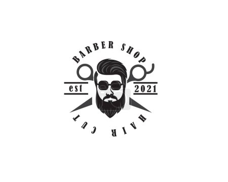 Téléchargez les illustrations : Barbier avec hommes coiffure barbe vintage logo icône symbole conception modèle illustration inspiration - en licence libre de droit