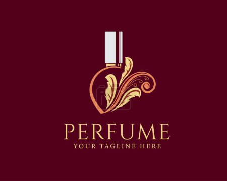 Téléchargez les illustrations : Élégante feuille bouteille parfum logo illustration - en licence libre de droit