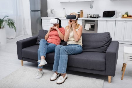 Scared women in vr headsets playing video game on couch at home 
