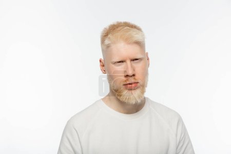 bearded and serious albino man in t-shirt looking at camera isolated on white 