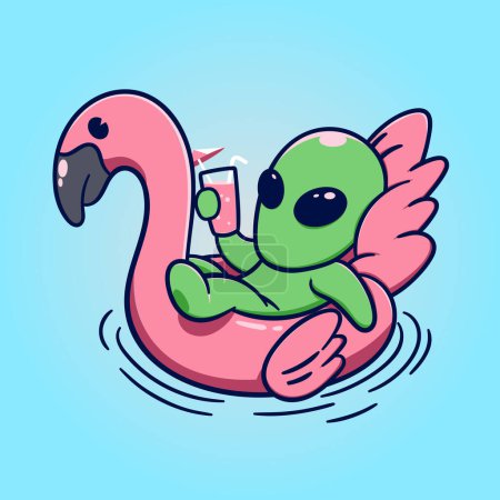 Illustration for Funny Alien chill on flamingo swimming tire with a glass of cocktail. Vector illustration. - Royalty Free Image